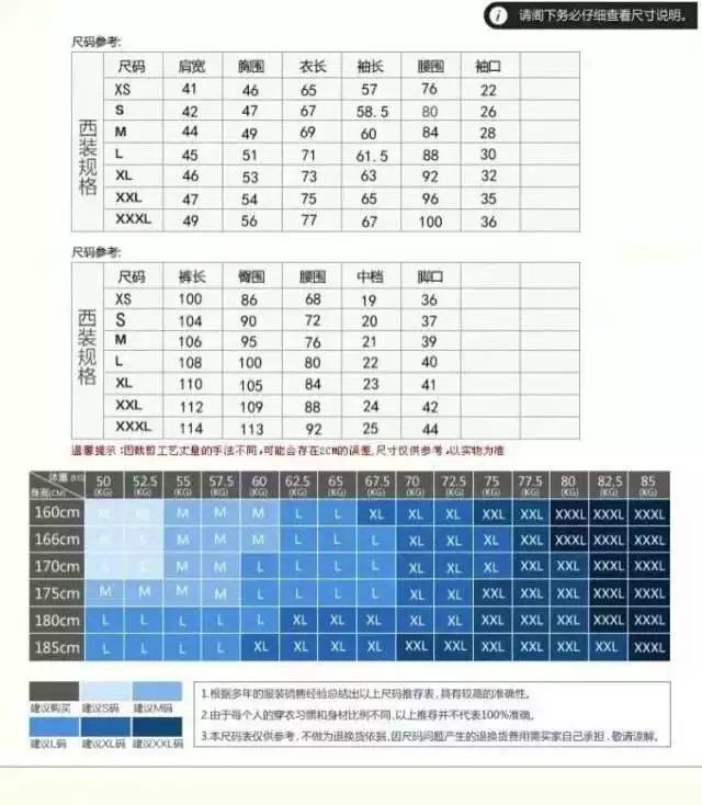 男士套装尺码表(E614)