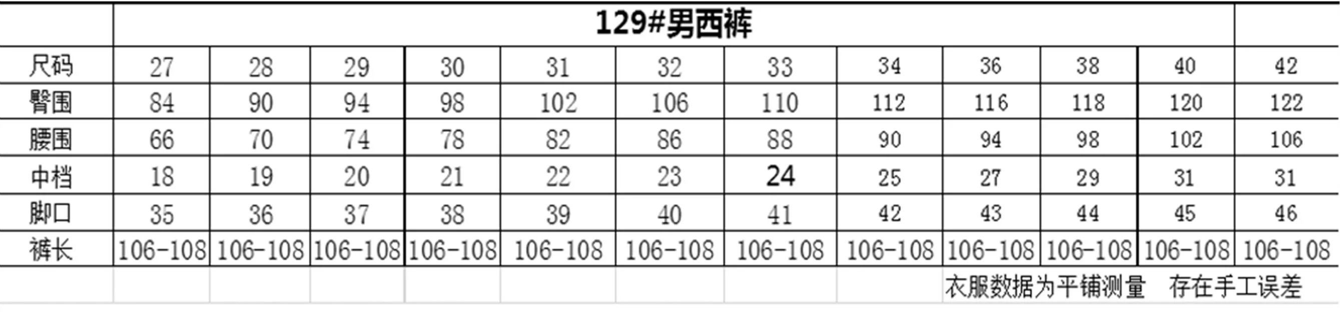 型号：129  版型：修身 颜色：黑色 码数42-56(1311)